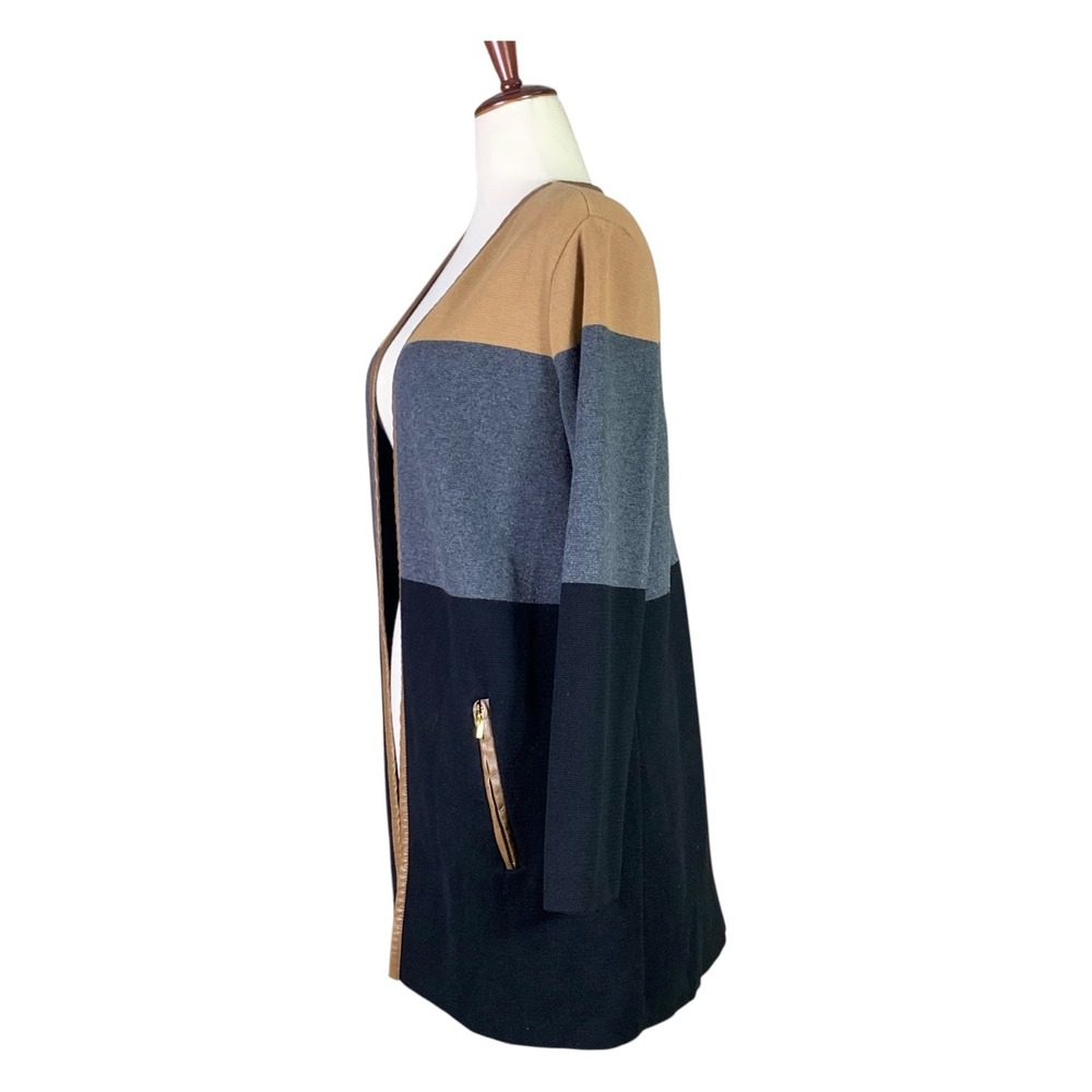 Charter Club Colorblock Open Front Cotton‎ Cardigan Camel Grey Black Medium - Picture 2 of 12